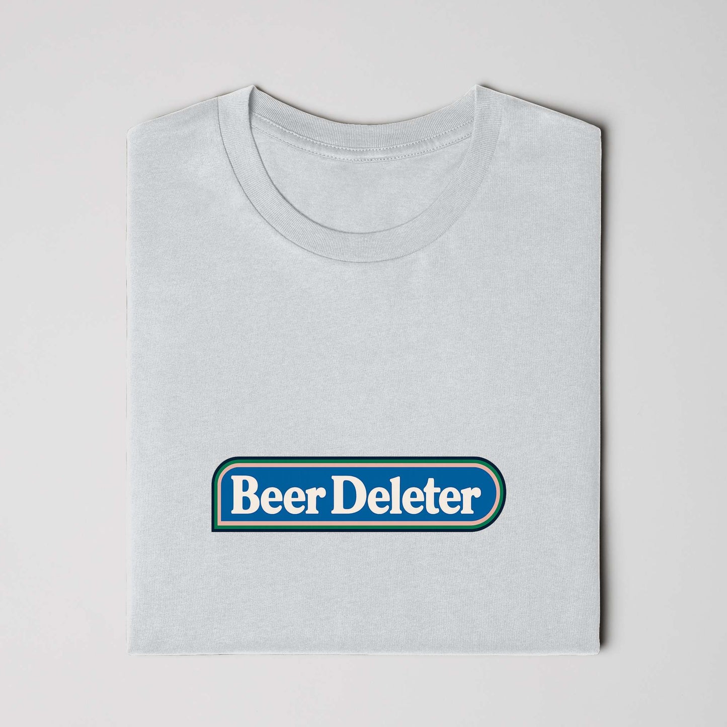 Folded Light gray t-shirt with 'Beer Deleter' logo on a white background