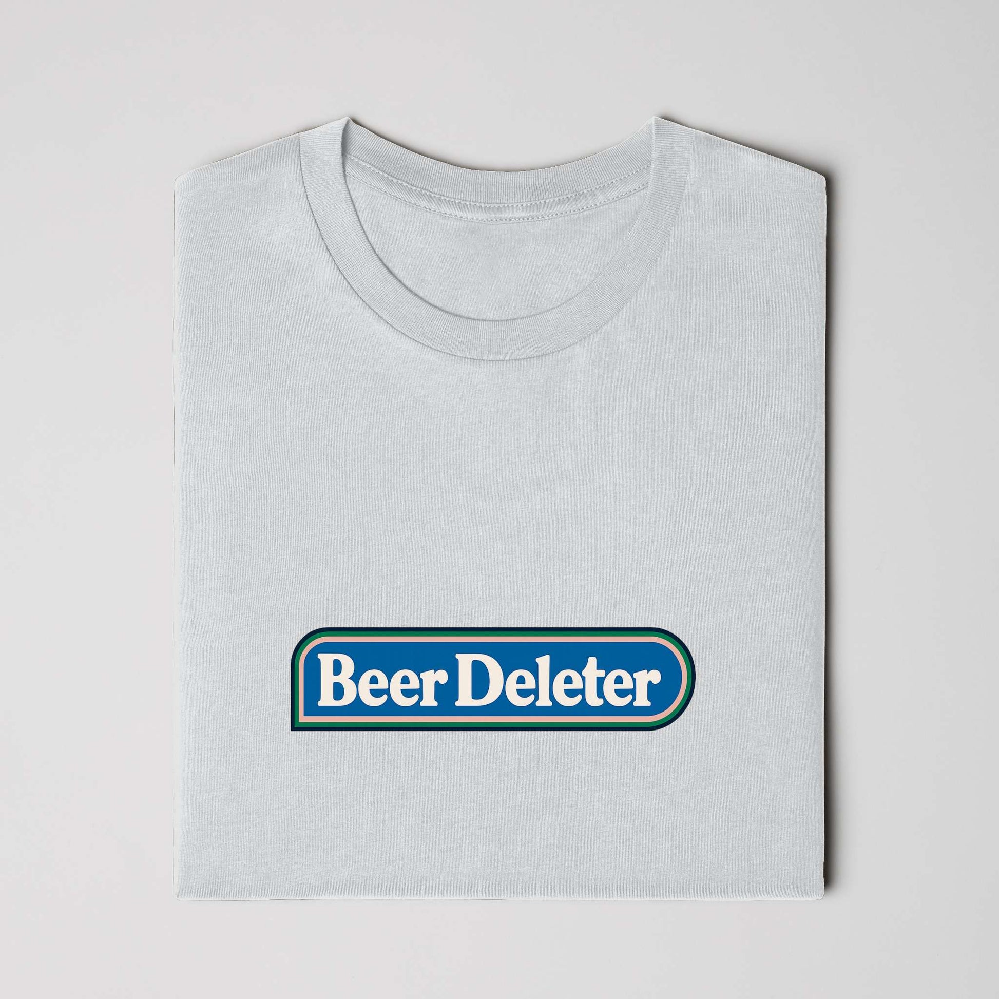 Folded Light gray t-shirt with 'Beer Deleter' logo on a white background