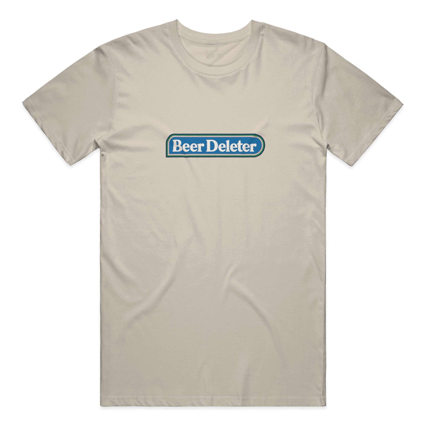 Beige t-shirt with 'Beer Deleter' logo on a white background