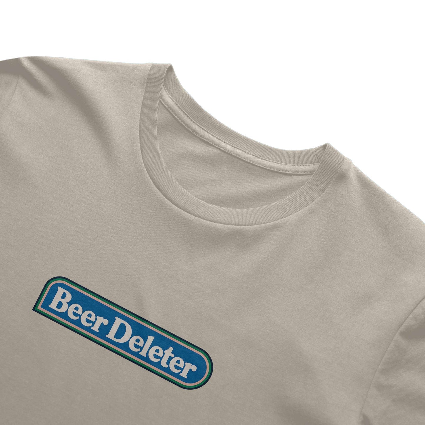 Beige t-shirt with 'Beer Deleter' logo on a white background