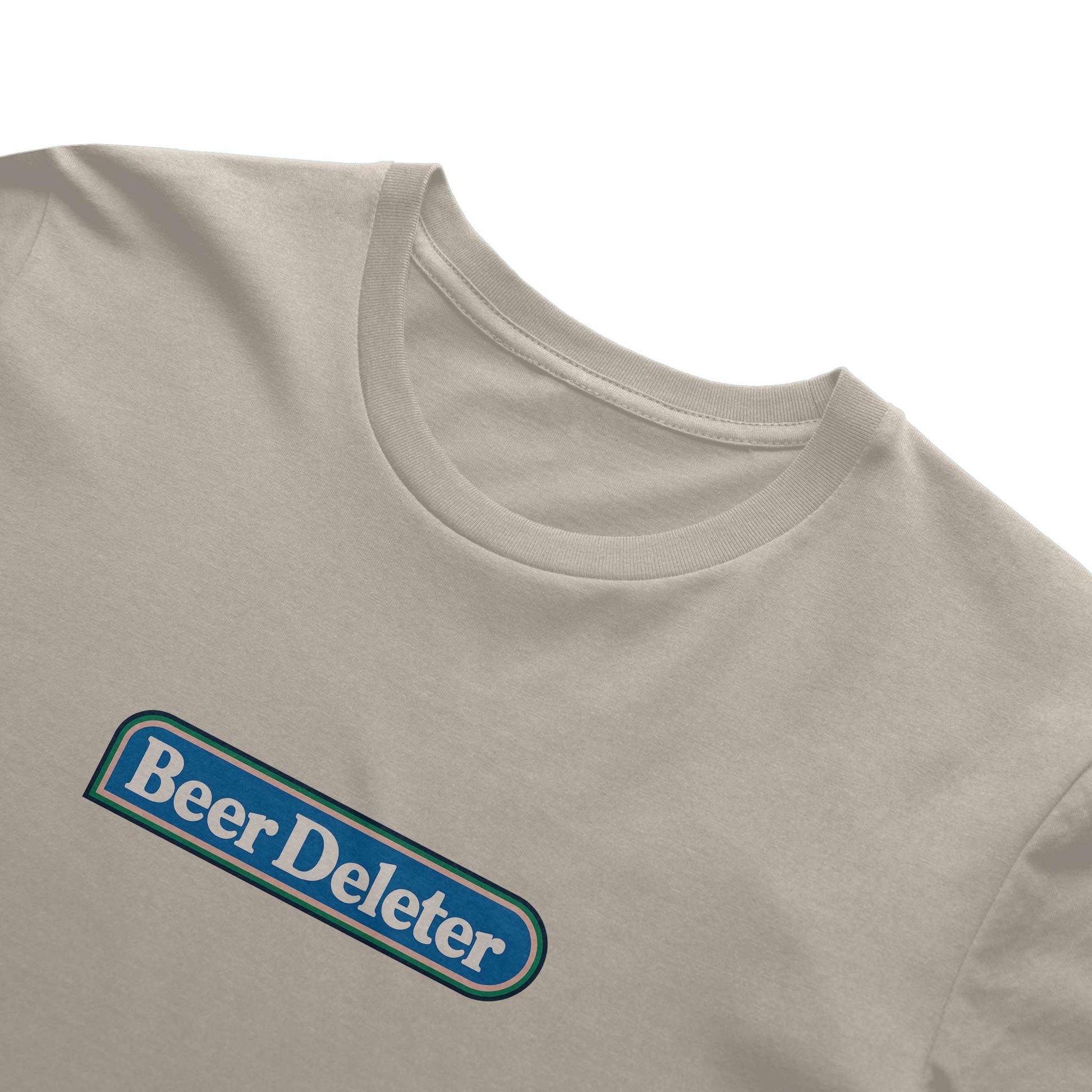 Beige t-shirt with 'Beer Deleter' logo on a white background