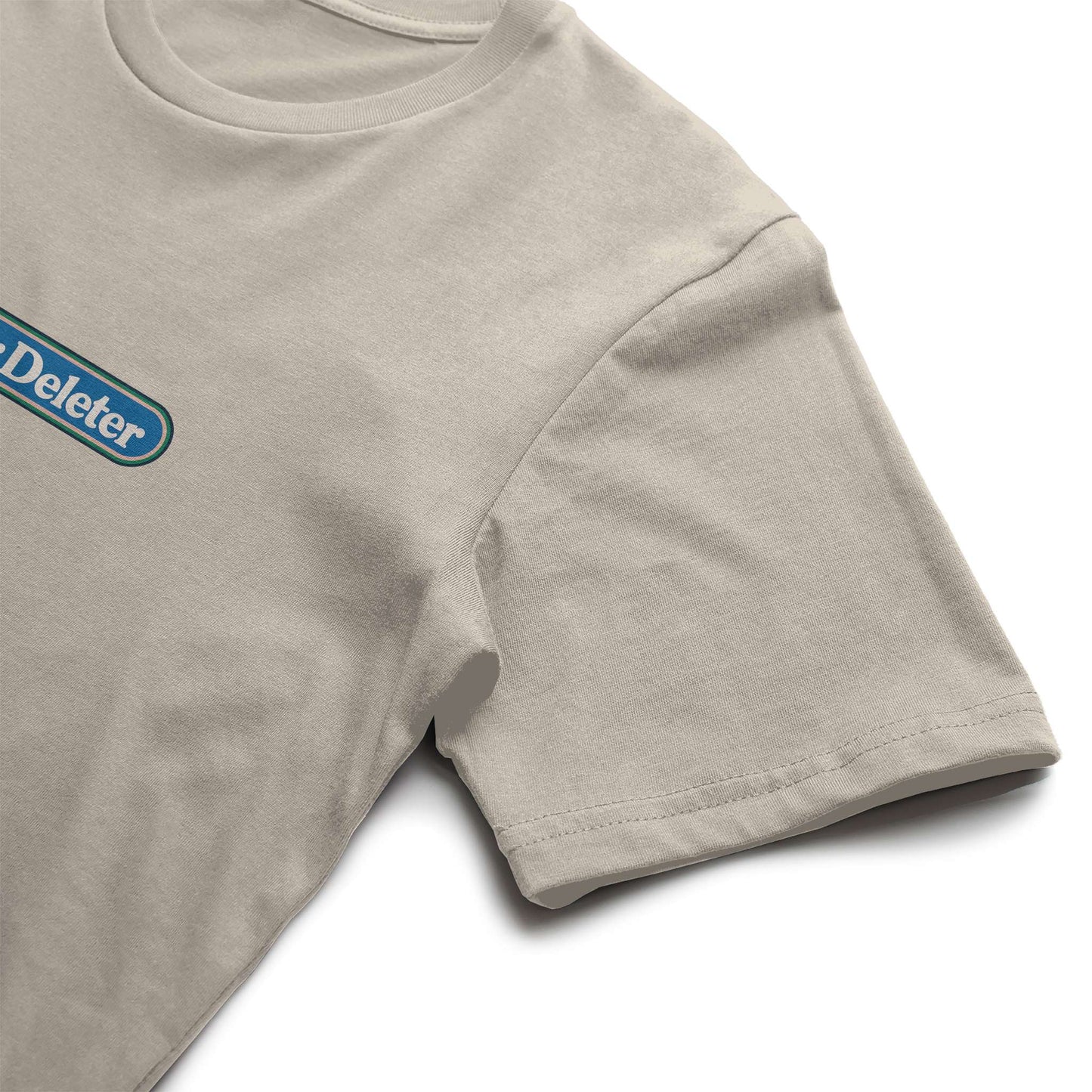 Beige t-shirt with 'Deleter' logo on a white background