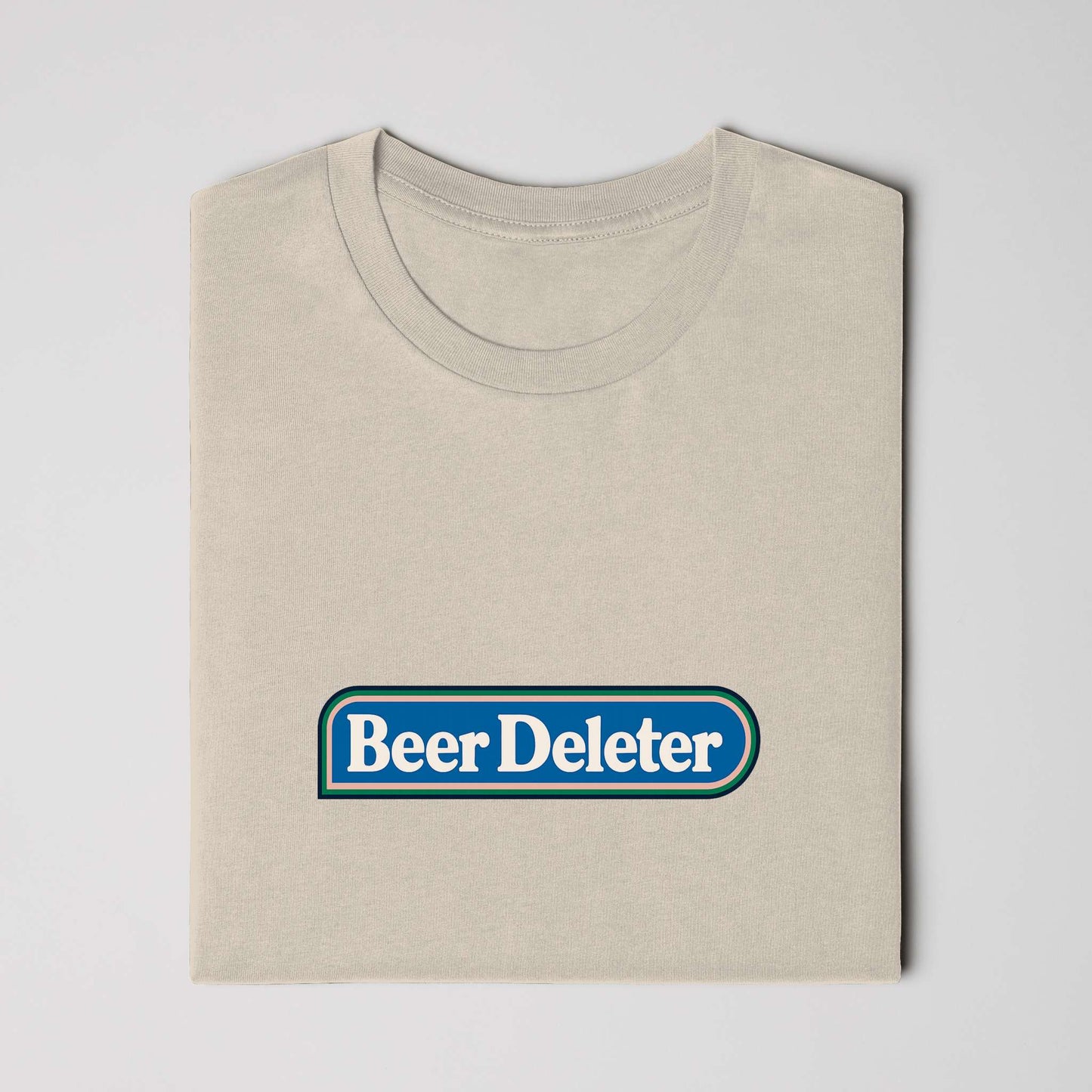 Folded Beige t-shirt with 'Beer Deleter' logo on a white background