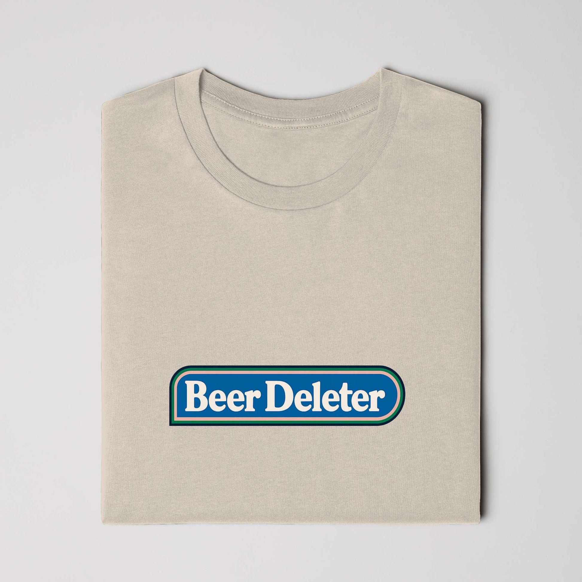 Folded Beige t-shirt with 'Beer Deleter' logo on a white background