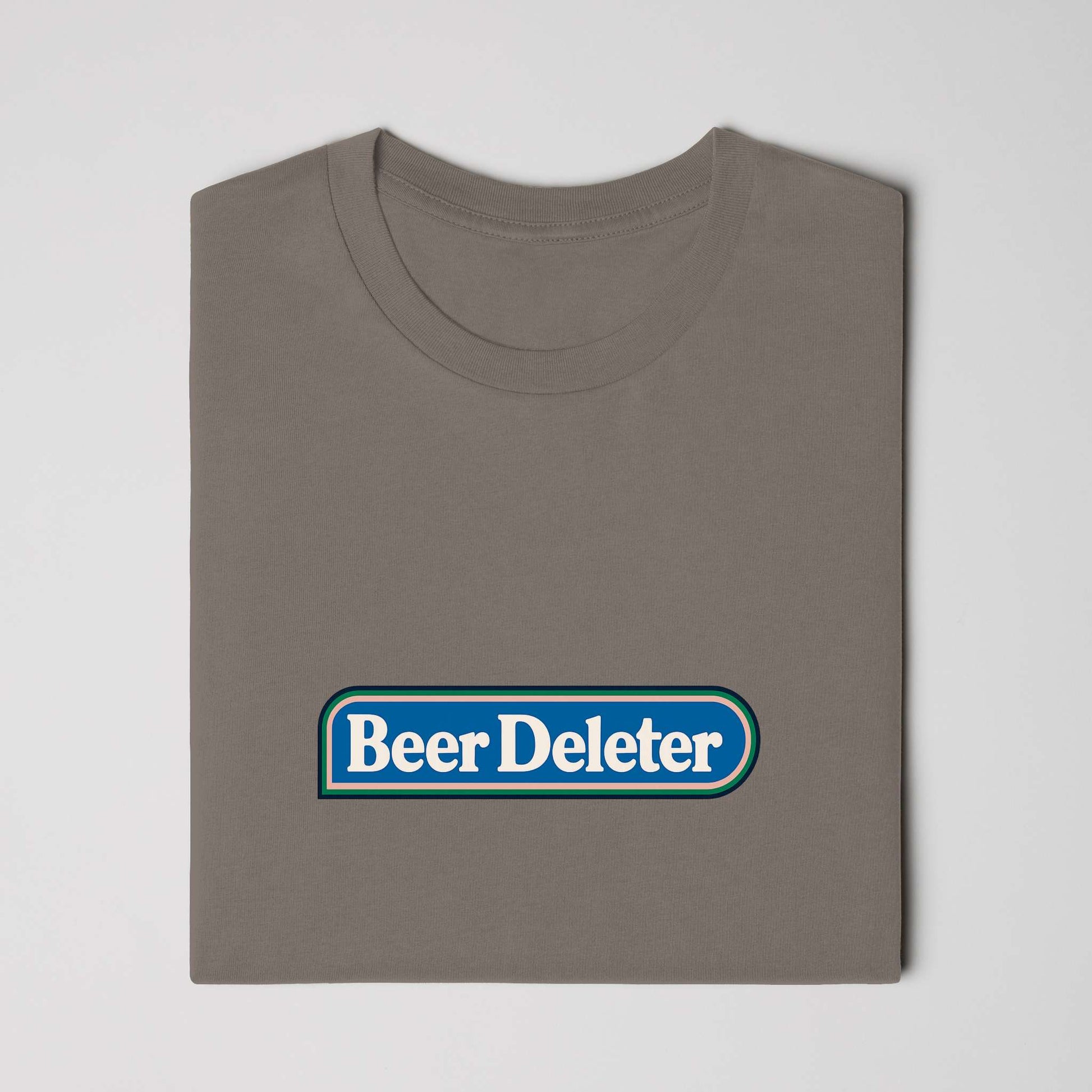 Folded Dark Gray t-shirt with 'Beer Deleter' logo on a light gray background