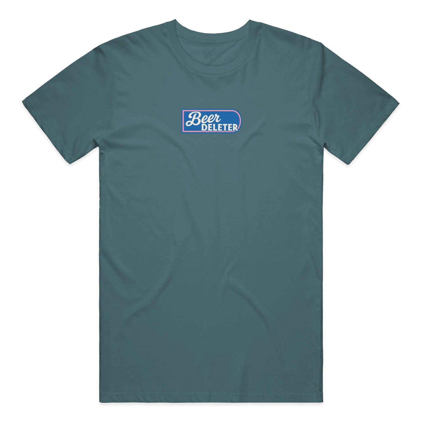 Teal t-shirt with 'Beer Deleter' logo on a white background