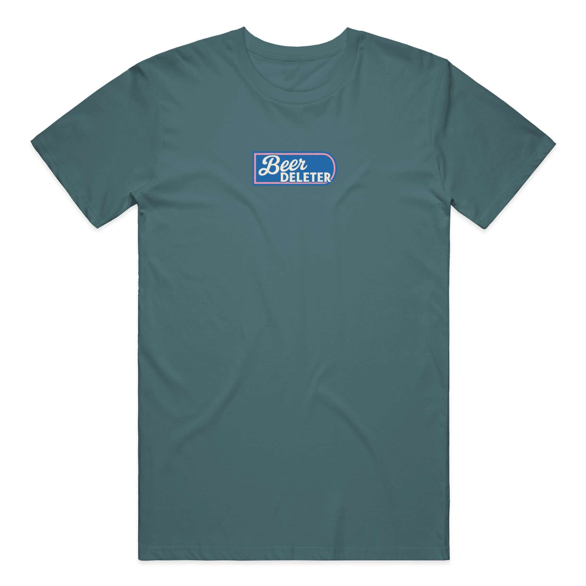 Teal t-shirt with 'Beer Deleter' logo on a white background