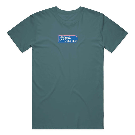 Teal t-shirt with 'Beer Deleter' logo on a white background