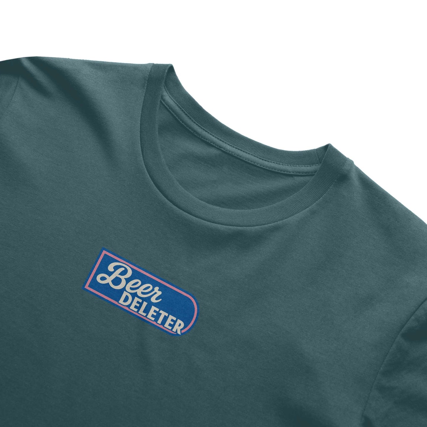 Teal t-shirt with 'Beer DELETER' logo on a white background