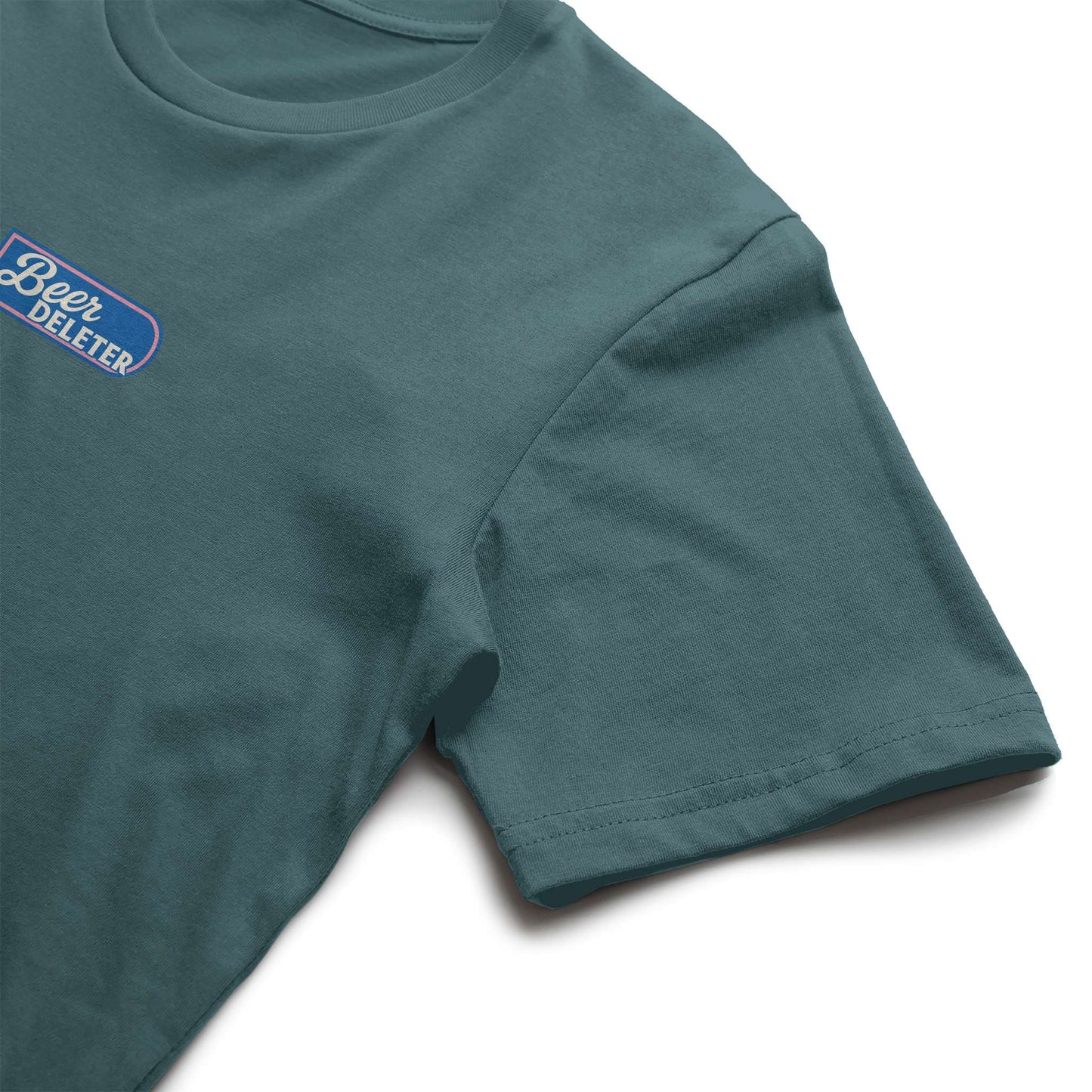 Teal t-shirt with a logo and showing the sleeve against a white background