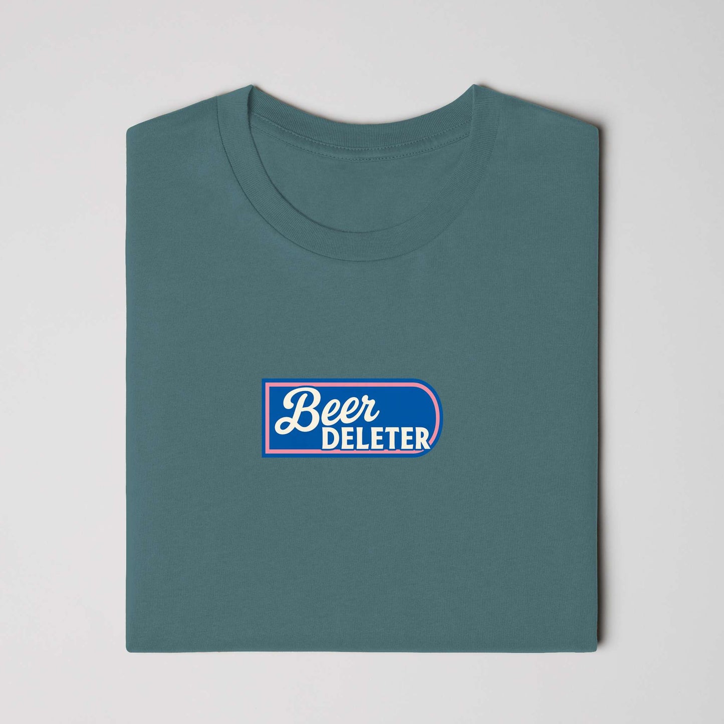 Folded Teal t-shirt with 'Beer DELETER' logo on a white background
