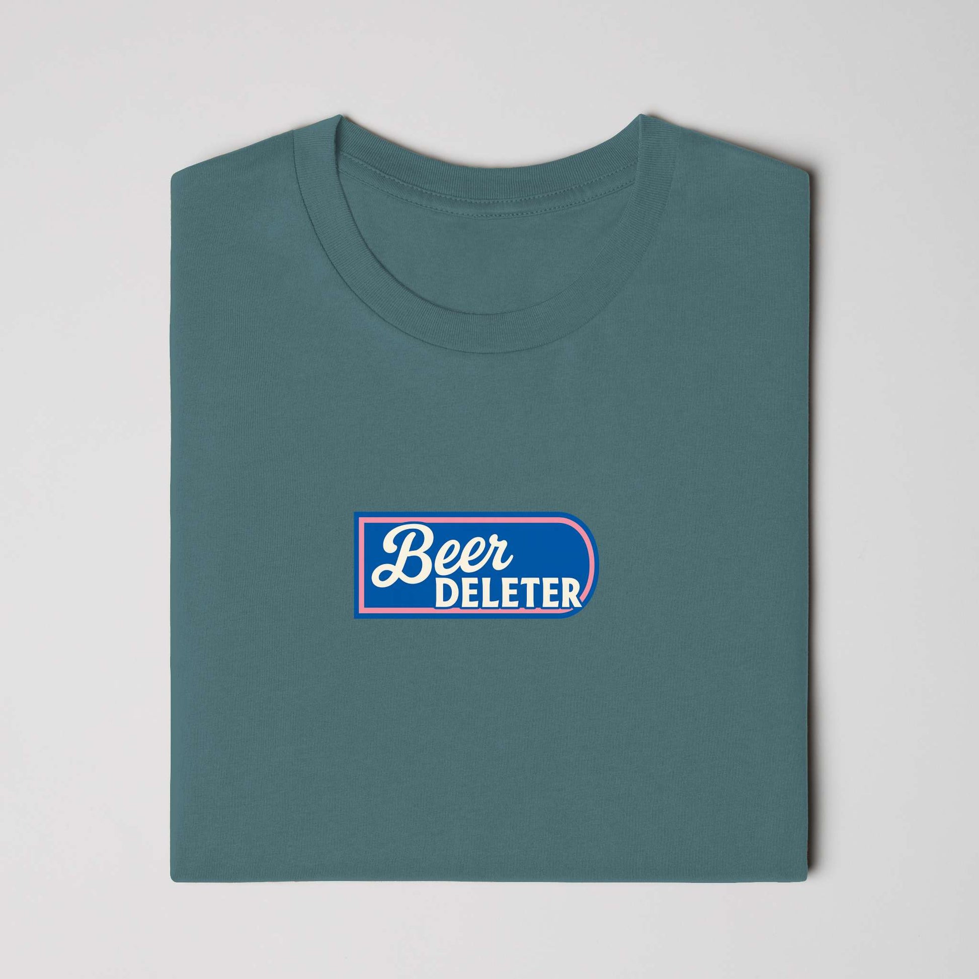 Folded Teal t-shirt with 'Beer DELETER' logo on a white background