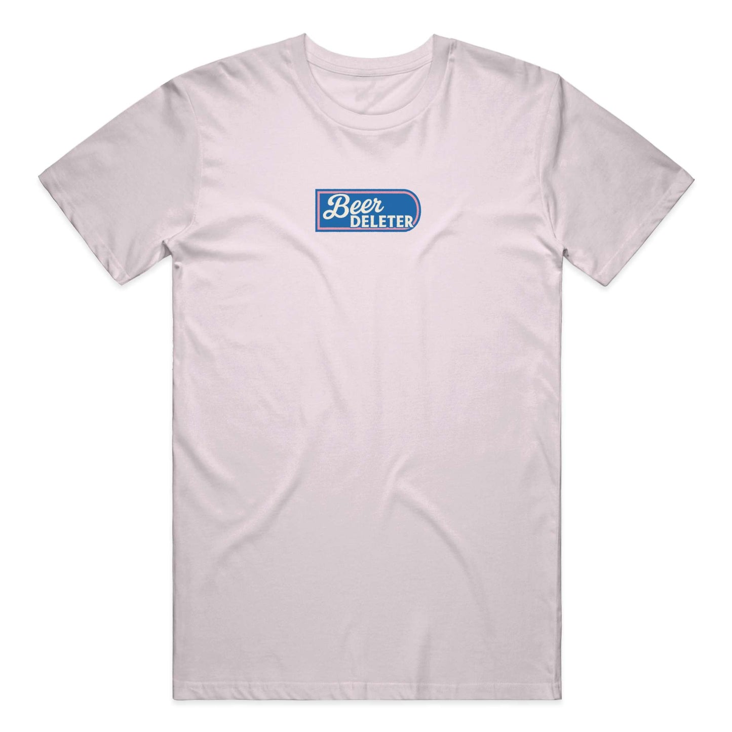 Pink t-shirt with 'Beer Deleter' logo on a white background