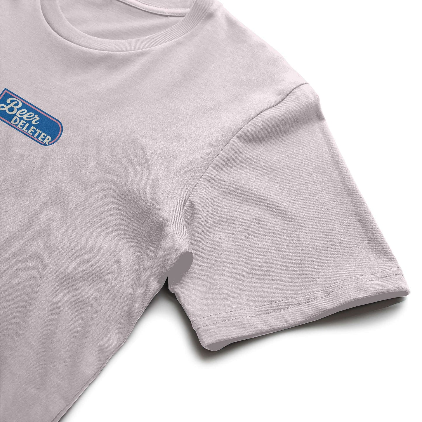 Light pink t-shirt with a blue and white logo on a white background