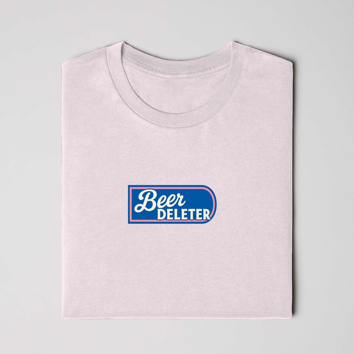 Folded Light pink t-shirt with 'Beer DELETER' logo on a white background