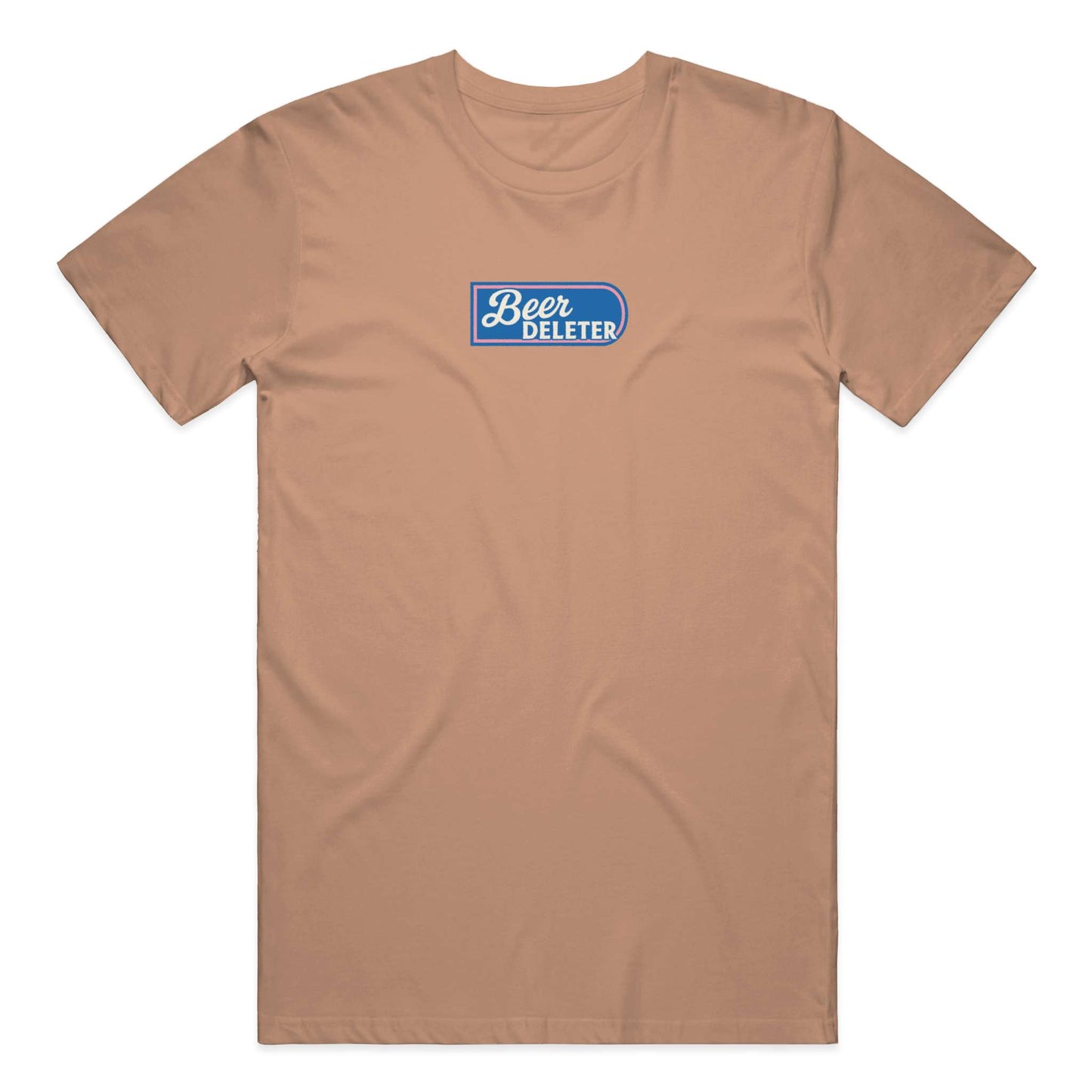 Brown t-shirt with a blue and white logo on a white background