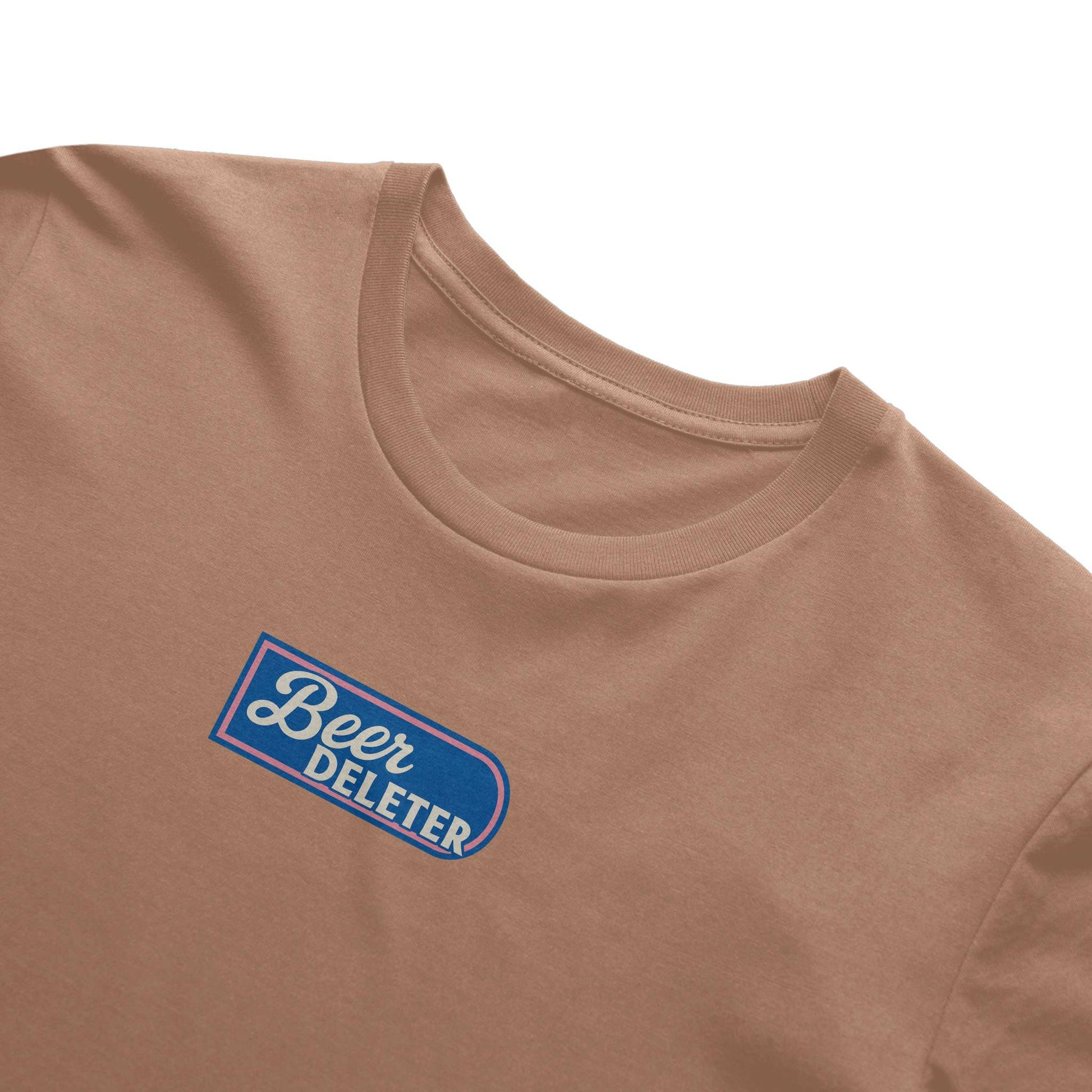 Brown t-shirt with a blue and white 'Beer DELETER' logo on a white background
