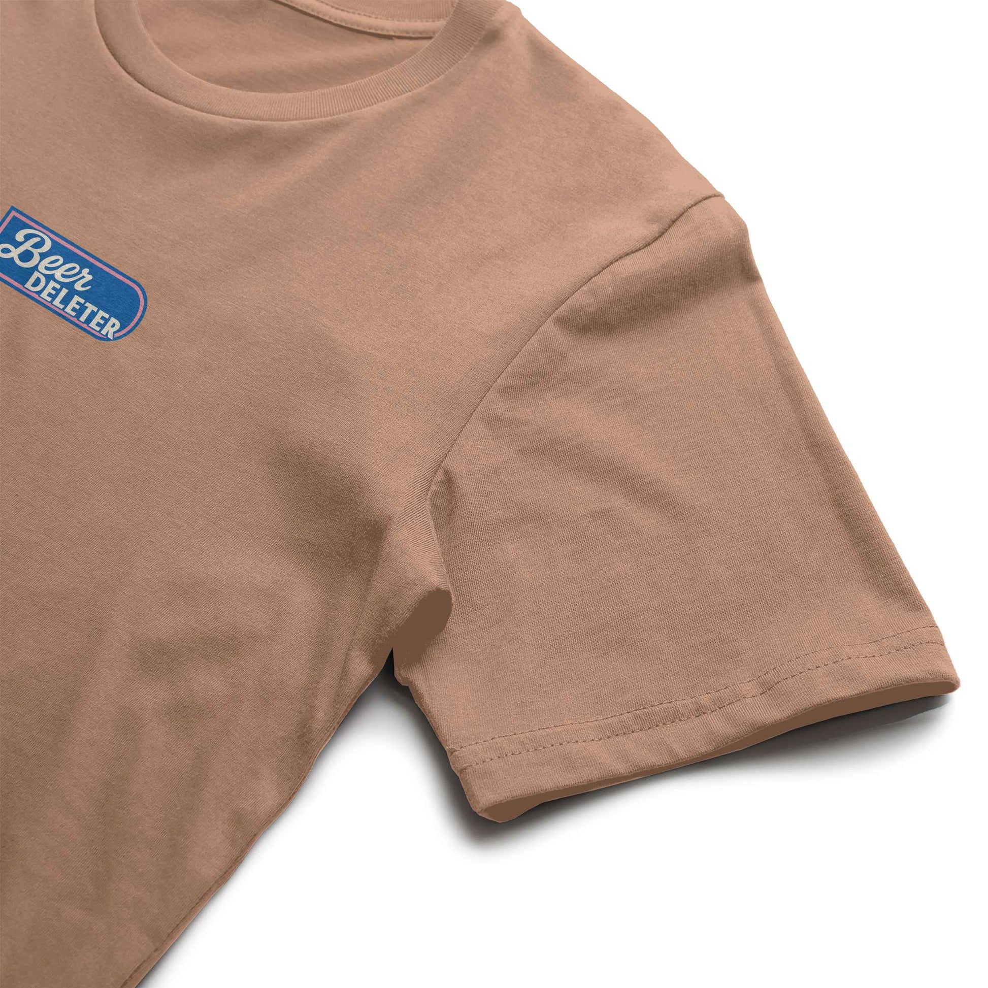 Brown t-shirt with a blue and white logo on a white background