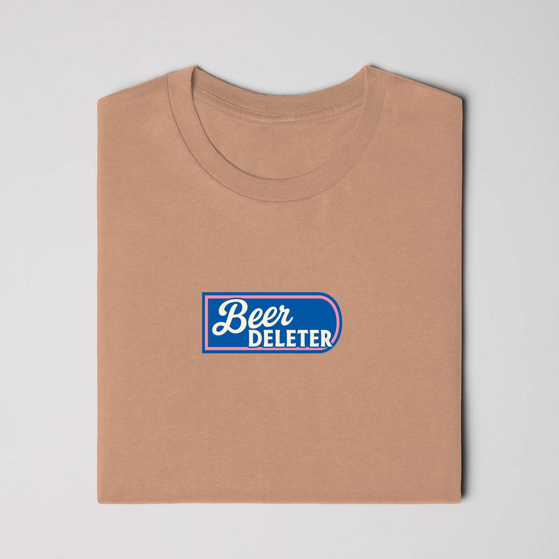 Folded Brown t-shirt with 'Beer Deleter' logo on a white background