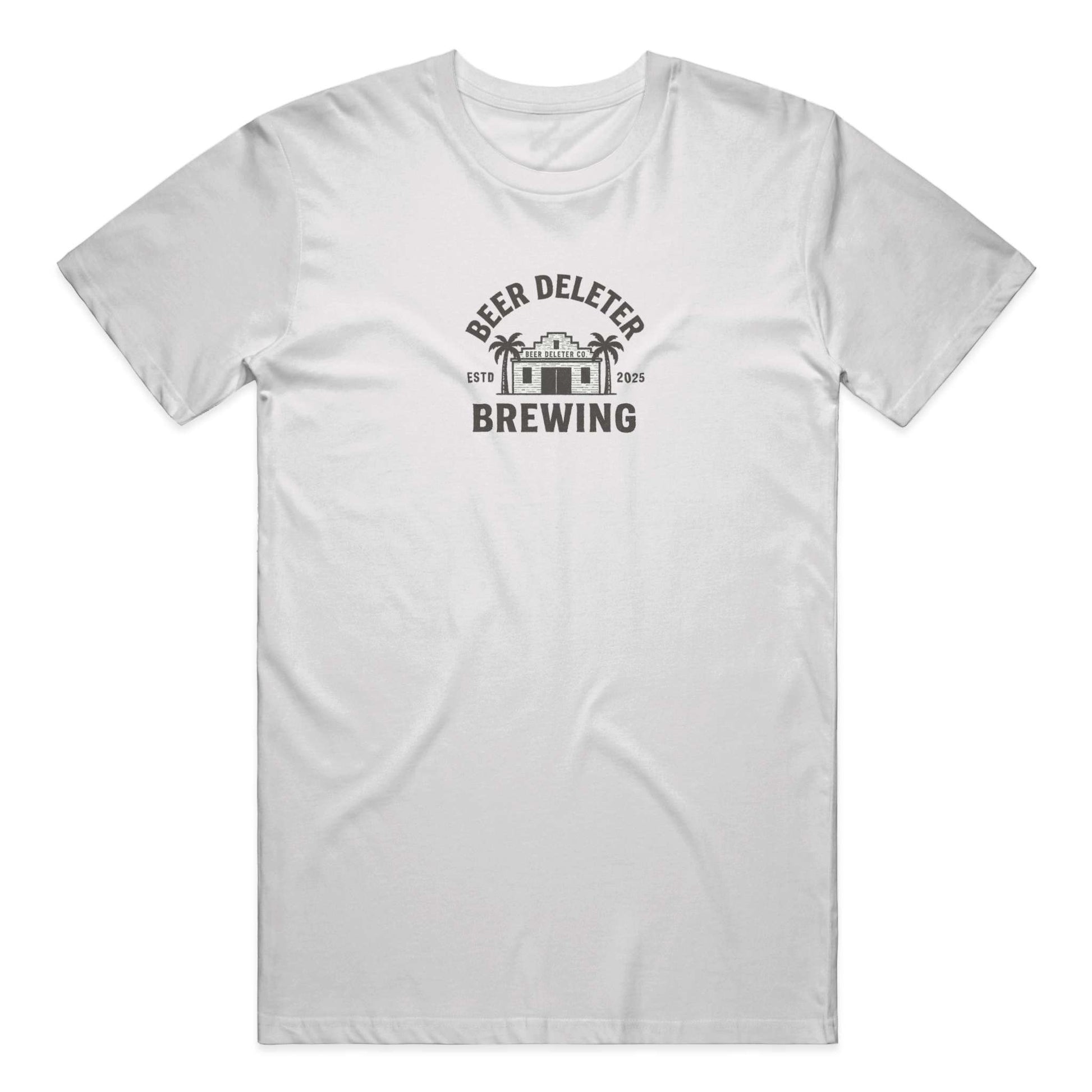 White t-shirt with 'Beer Deleter Brewing' logo on a white background