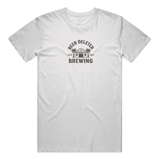 White t-shirt with 'Beer Deleter Brewing' logo on a white background