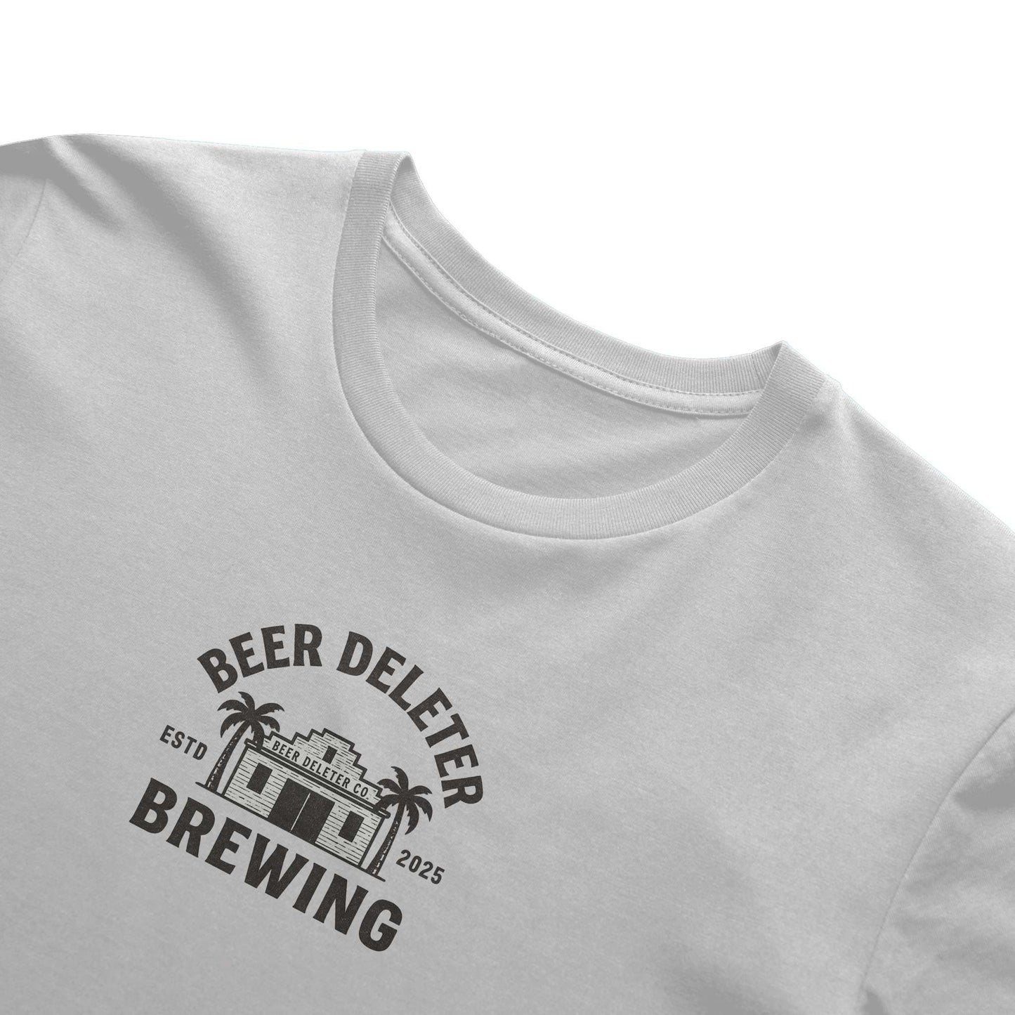 White t-shirt with 'Beer Deleter Brewing' logo on a white background