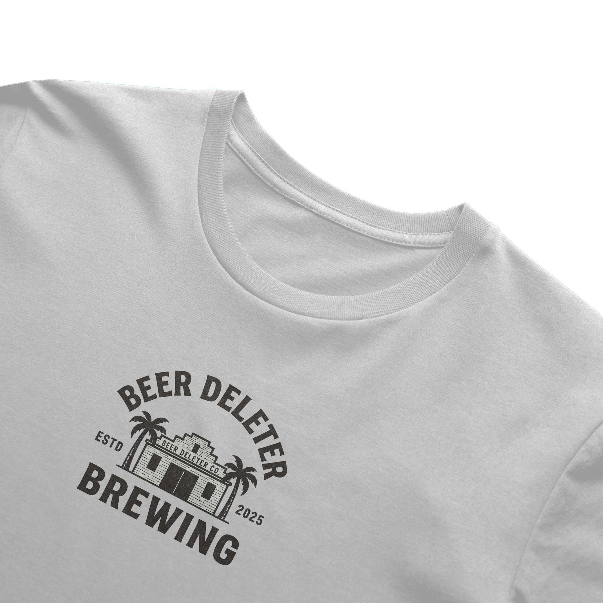White t-shirt with 'Beer Deleter Brewing' logo on a white background