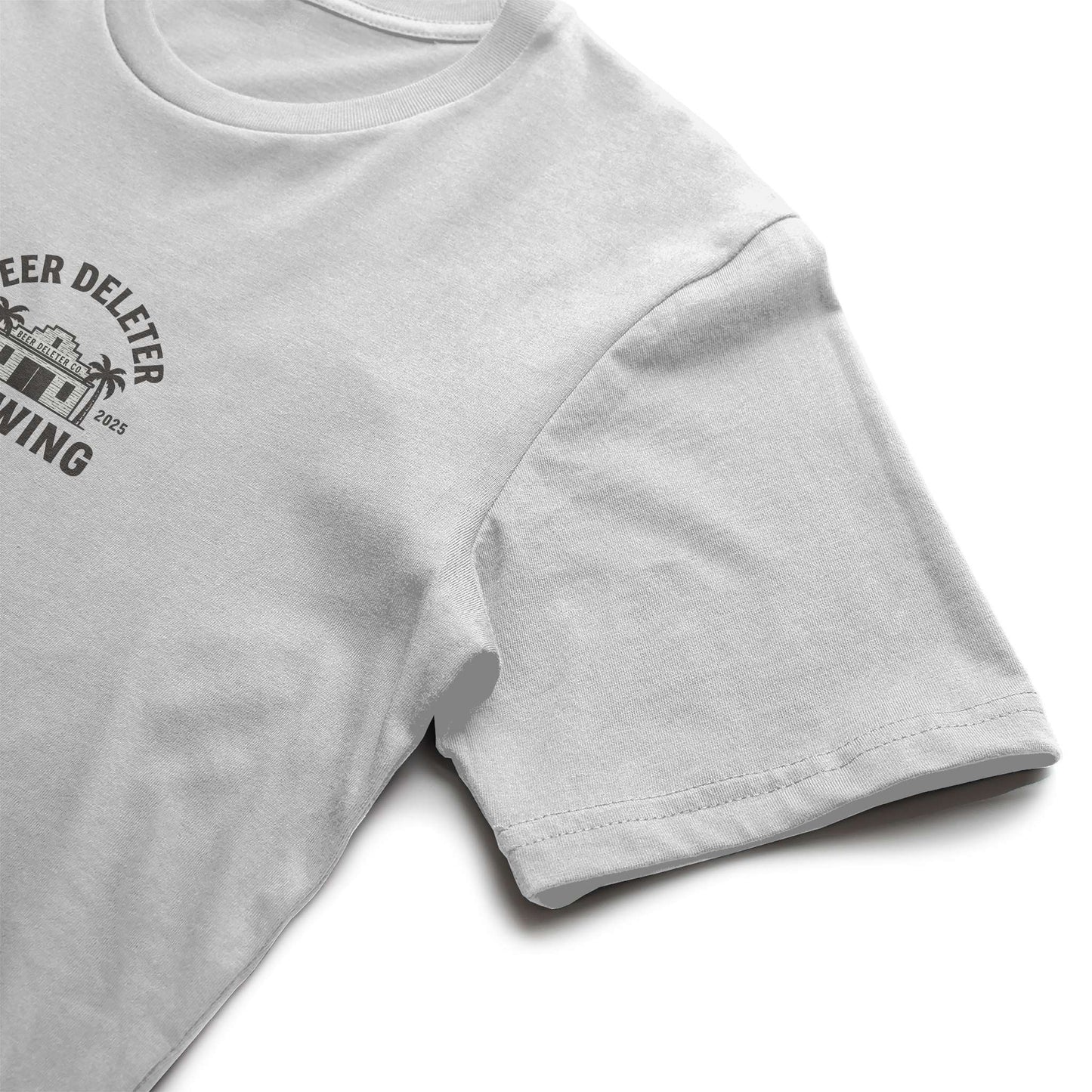 White t-shirt with a logo and text on a white background