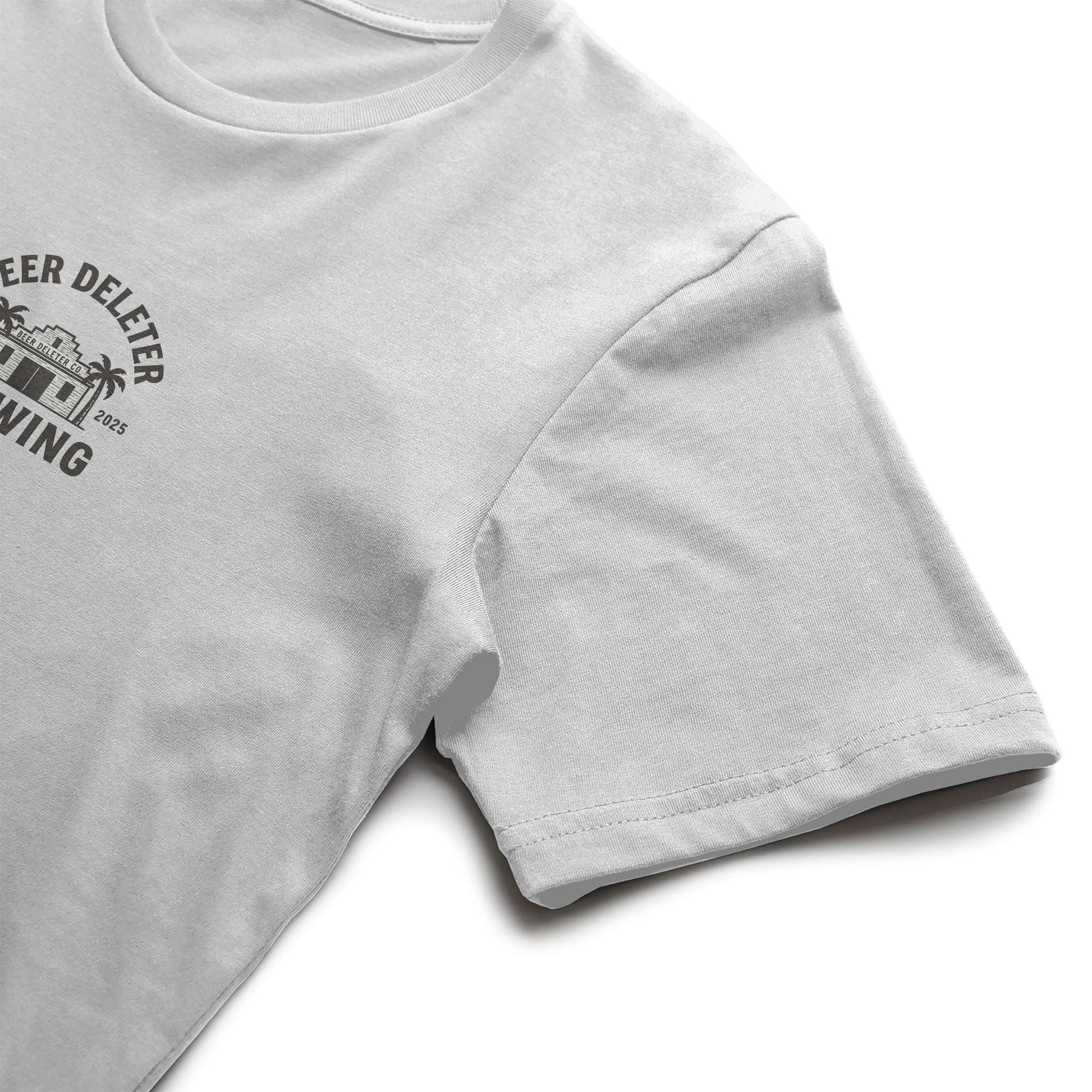 White t-shirt with a logo and text on a white background