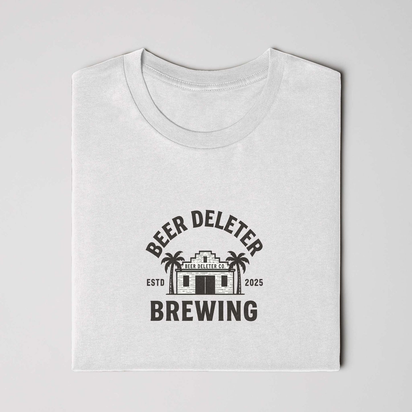 White t-shirt folded with 'Beer Deleter Brewing' logo on a white background