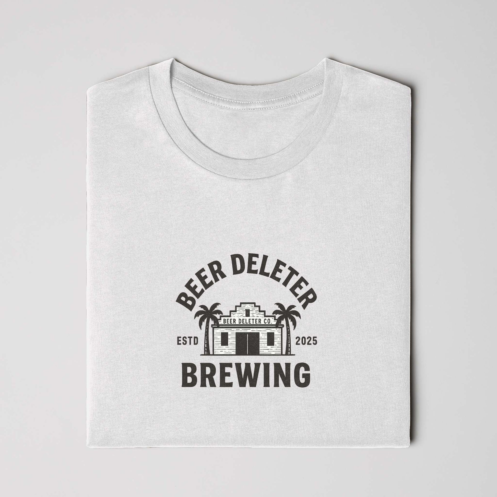 White t-shirt folded with 'Beer Deleter Brewing' logo on a white background