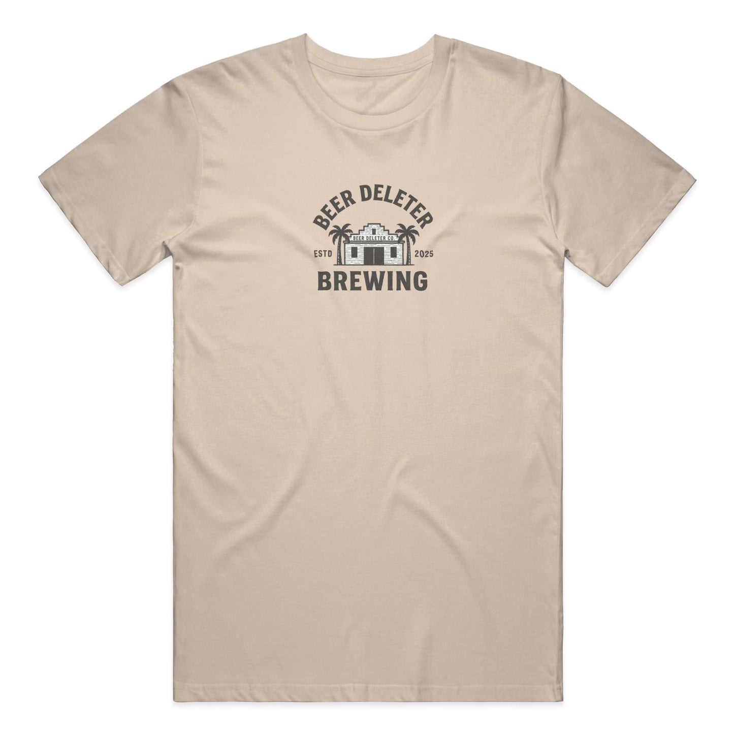 Beige t-shirt with 'Beer Deleter Brewing' graphic on a white background