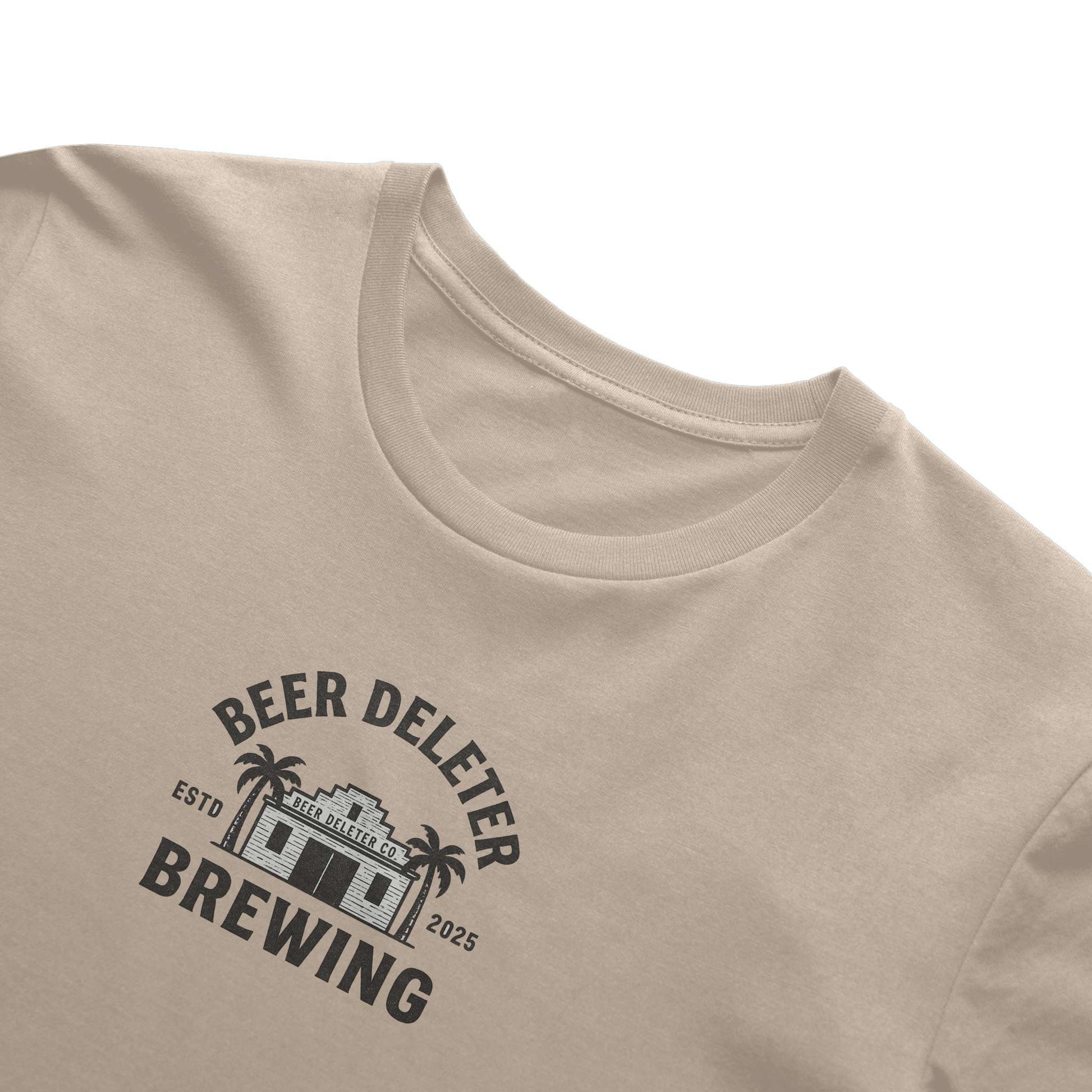 Beige t-shirt with 'Beer Deleter Brewing' logo on a white background