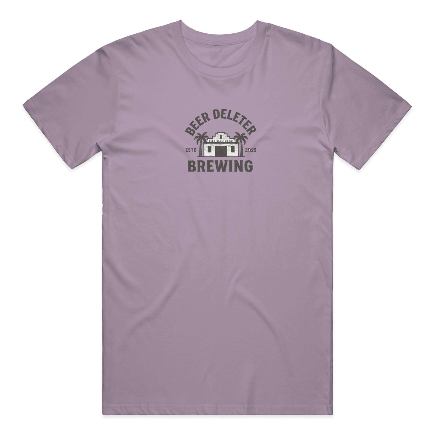 Purple t-shirt with 'Beer Deleter Brewing' text and graphic on a white background