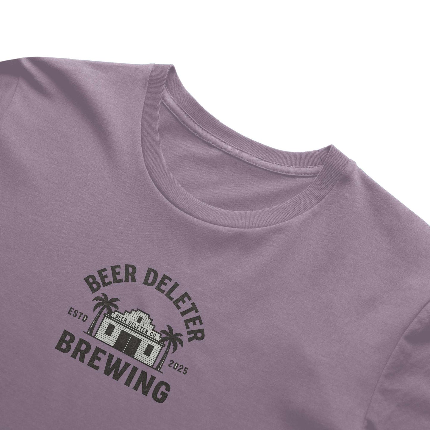 Purple t-shirt with 'Beer Deleter Brewing' logo on a white background
