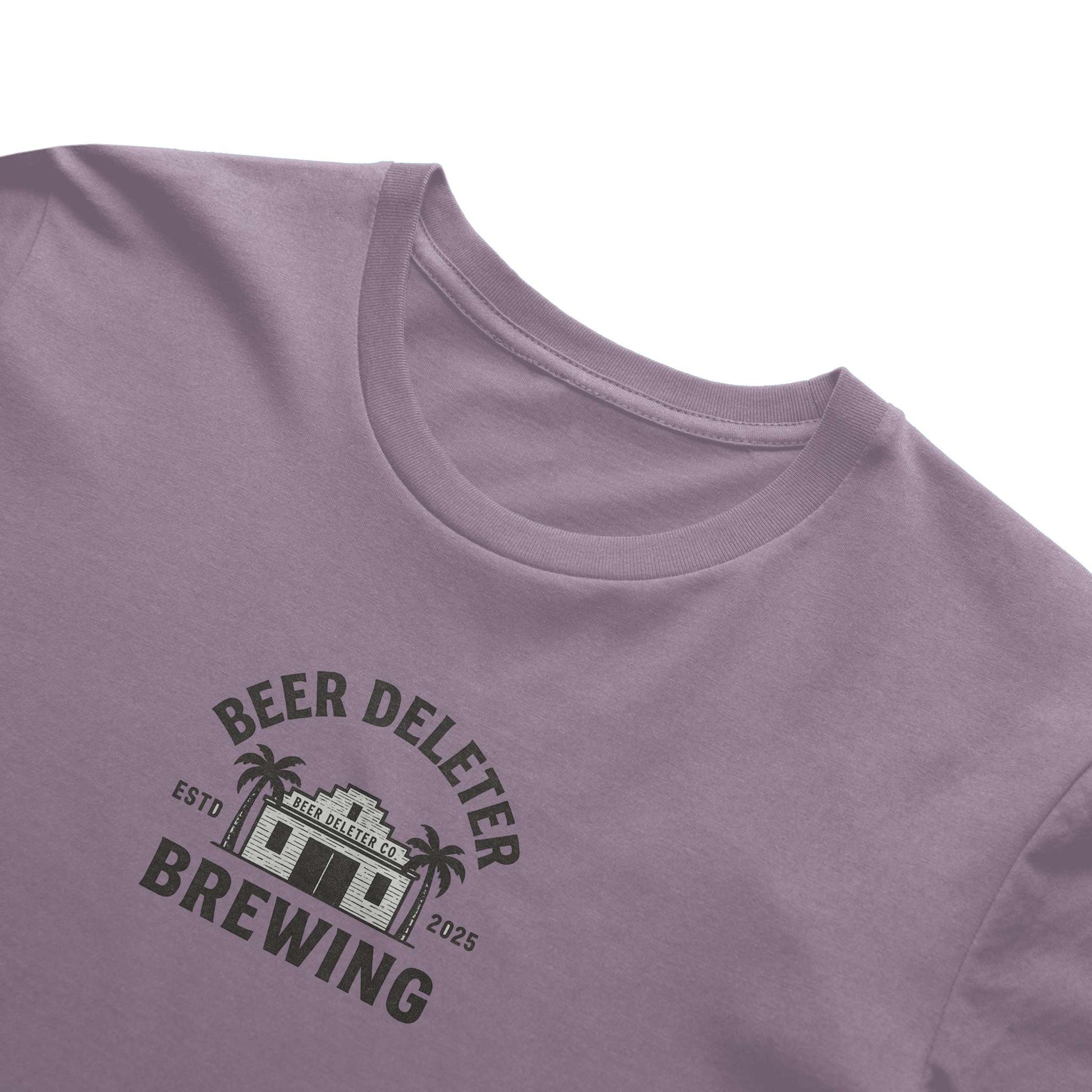 Purple t-shirt with 'Beer Deleter Brewing' logo on a white background