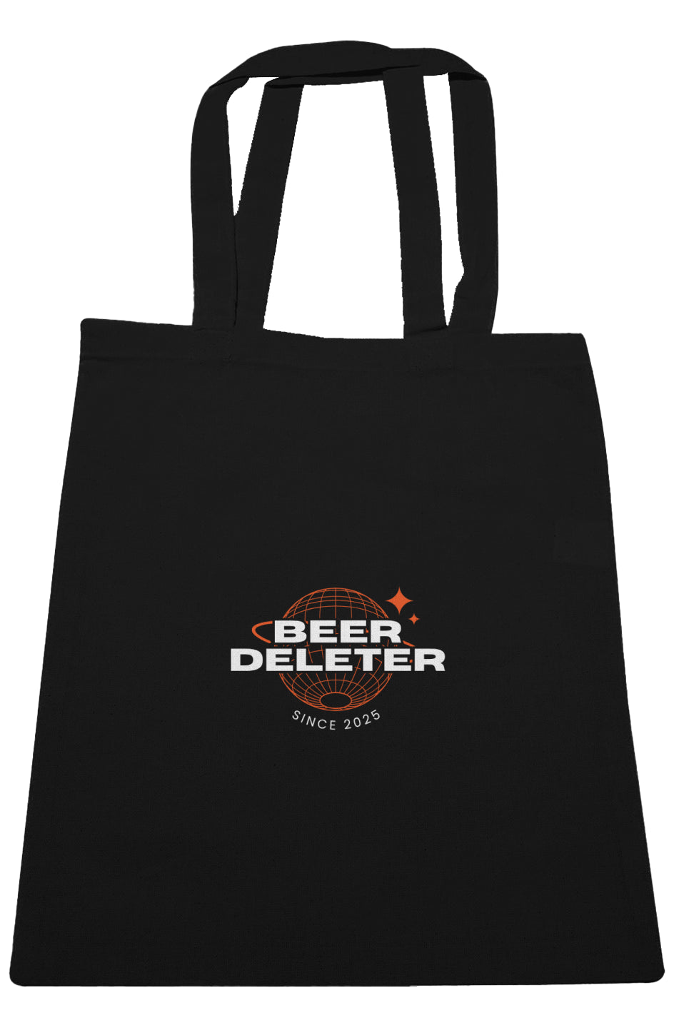 Black tote bag with 'Beer Deleter' logo on a white background