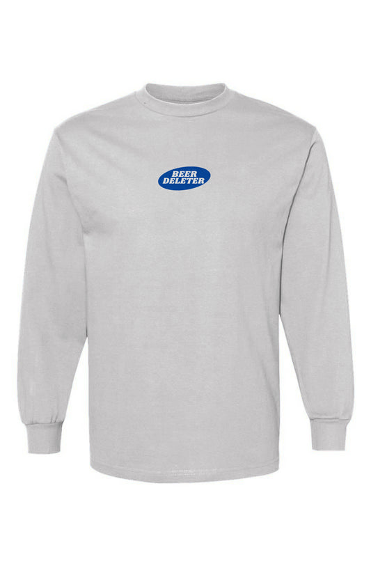 White long-sleeve shirt with a blue and white logo on a white background