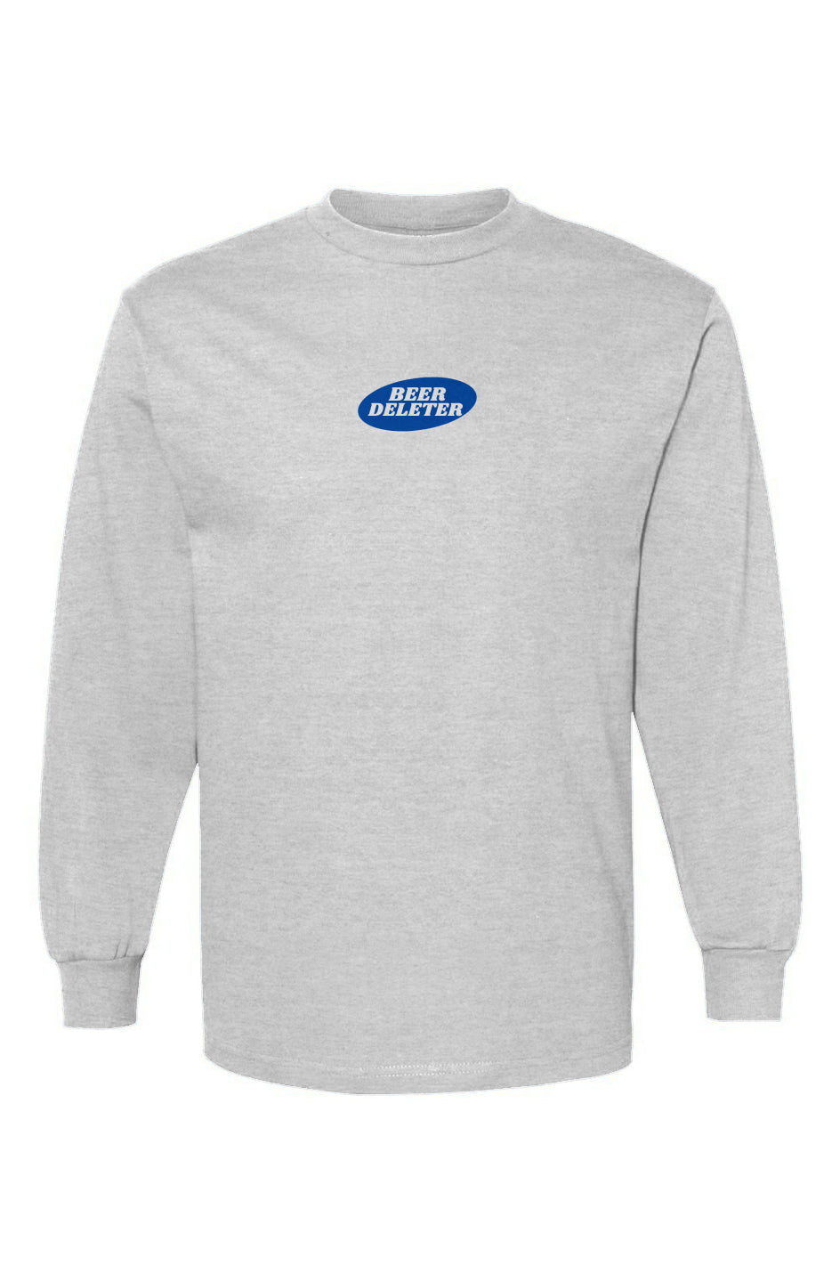 Gray long-sleeve with a blue and white logo on a white background