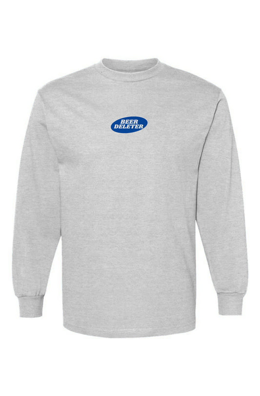 Gray long-sleeve with a blue and white logo on a white background