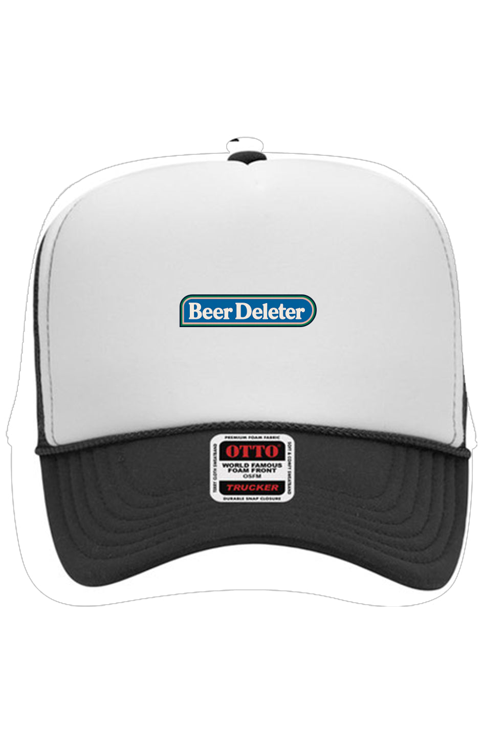 White and black cap with 'Beer Deleter' label on a white background