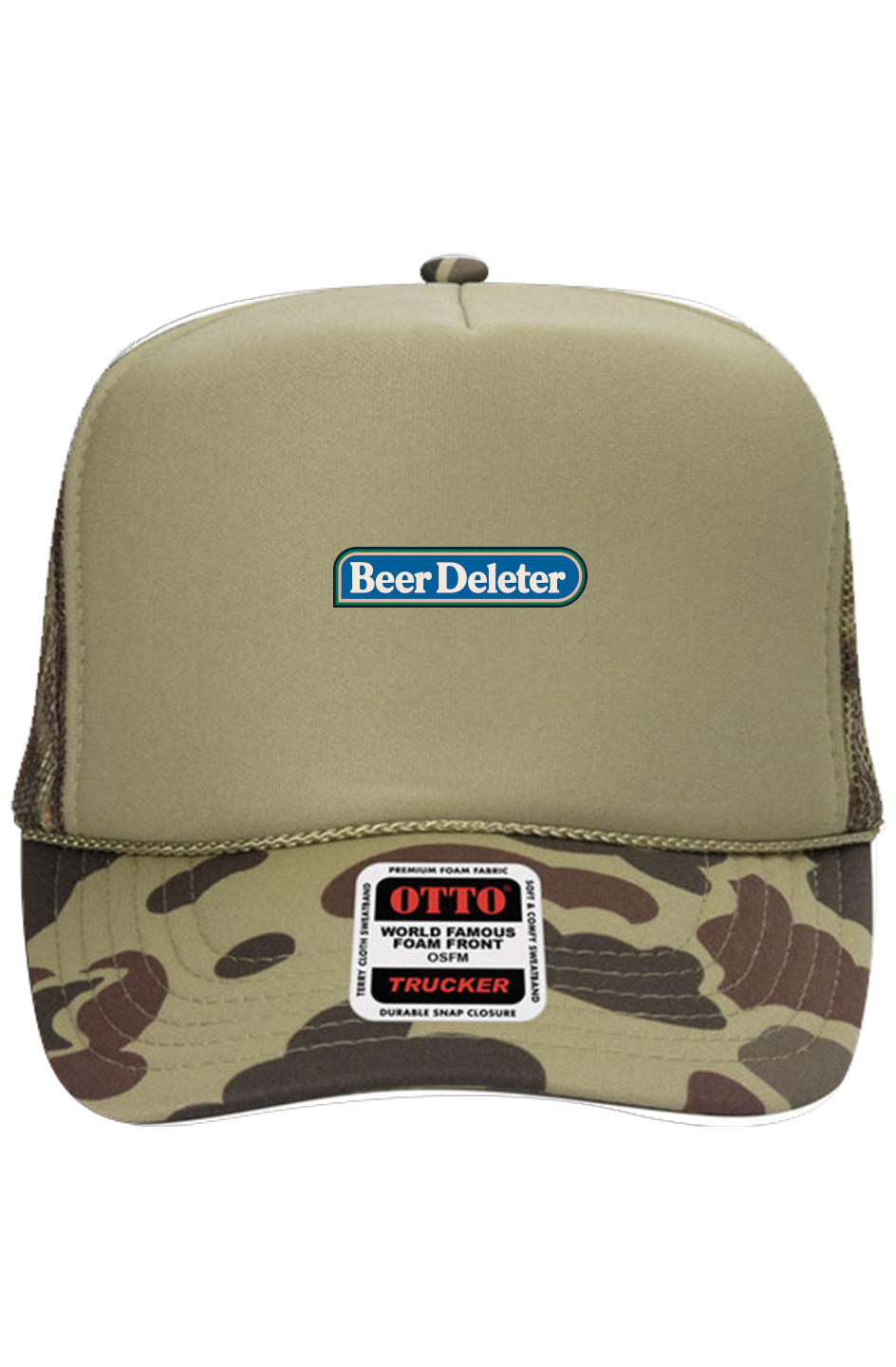 Olive green and camouflage trucker hat with 'Beer Deleter' label on a white background