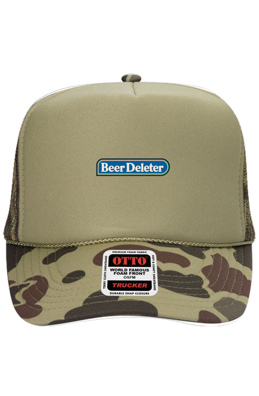 Olive green and camouflage trucker hat with 'Beer Deleter' label on a white background