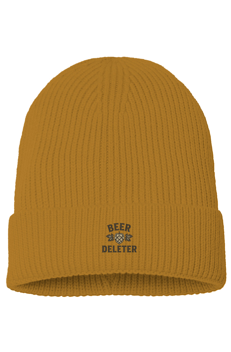 Mustard yellow beanie with 'Beer Deleter' text and logo on a white background