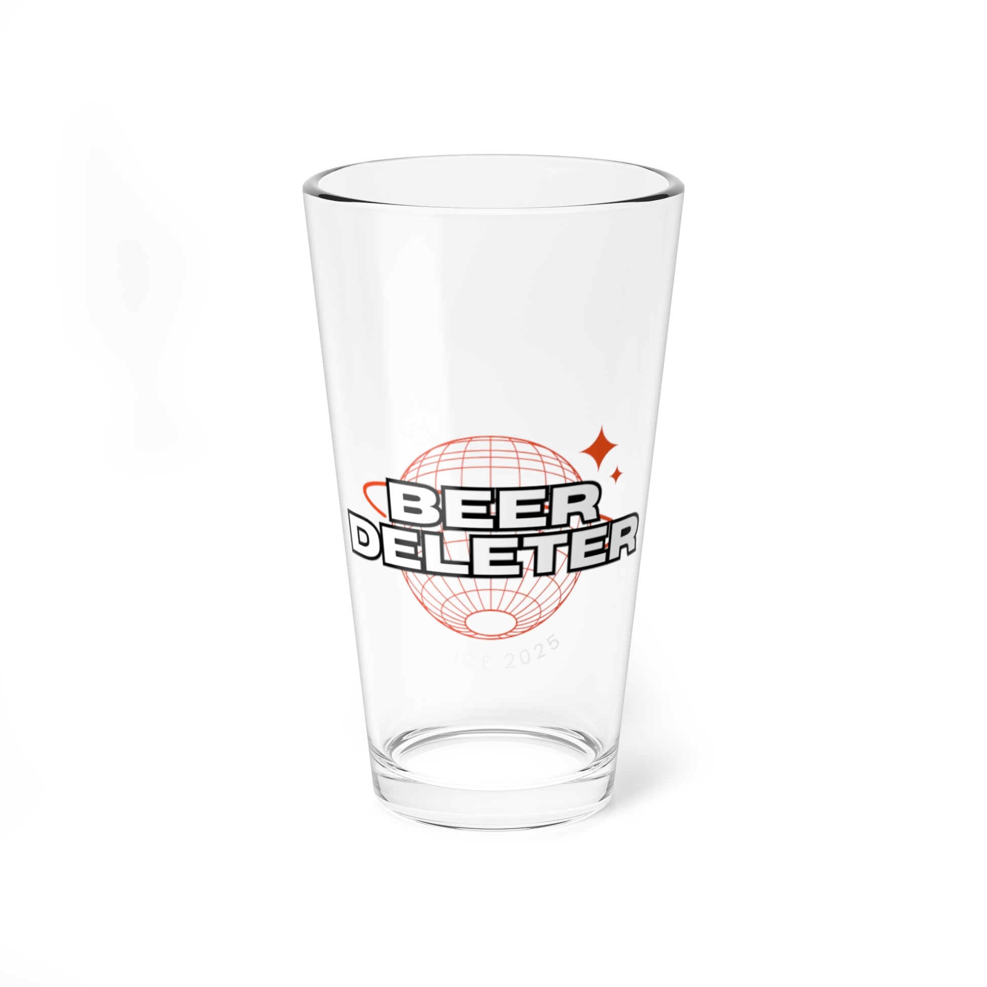 Clear glass with 'Beer Deleter' text and graphic on a white background