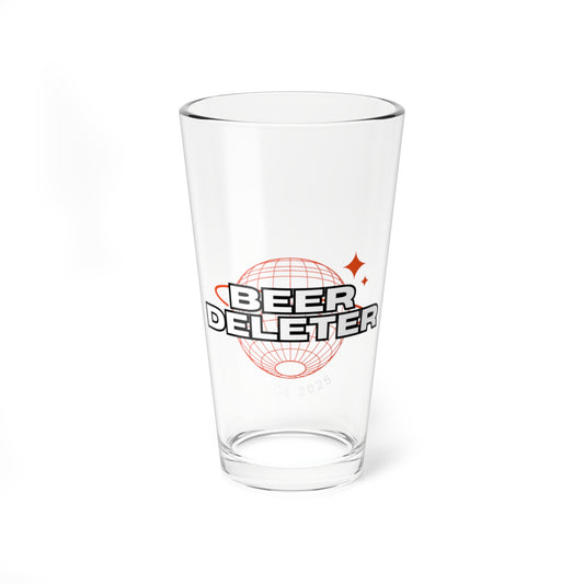 Clear glass with 'Beer Deleter' text and graphic on a white background