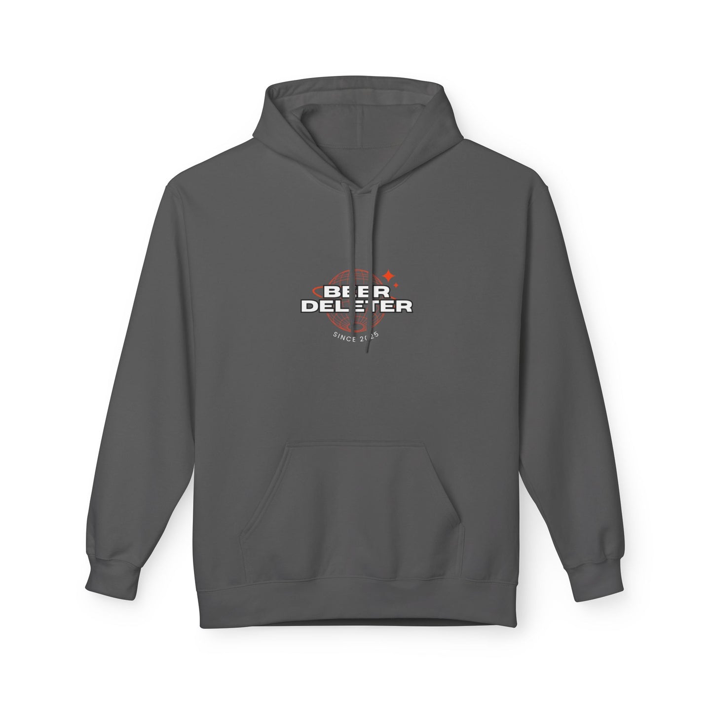 Gray hoodie with 'Beer Deleter' text on a white background