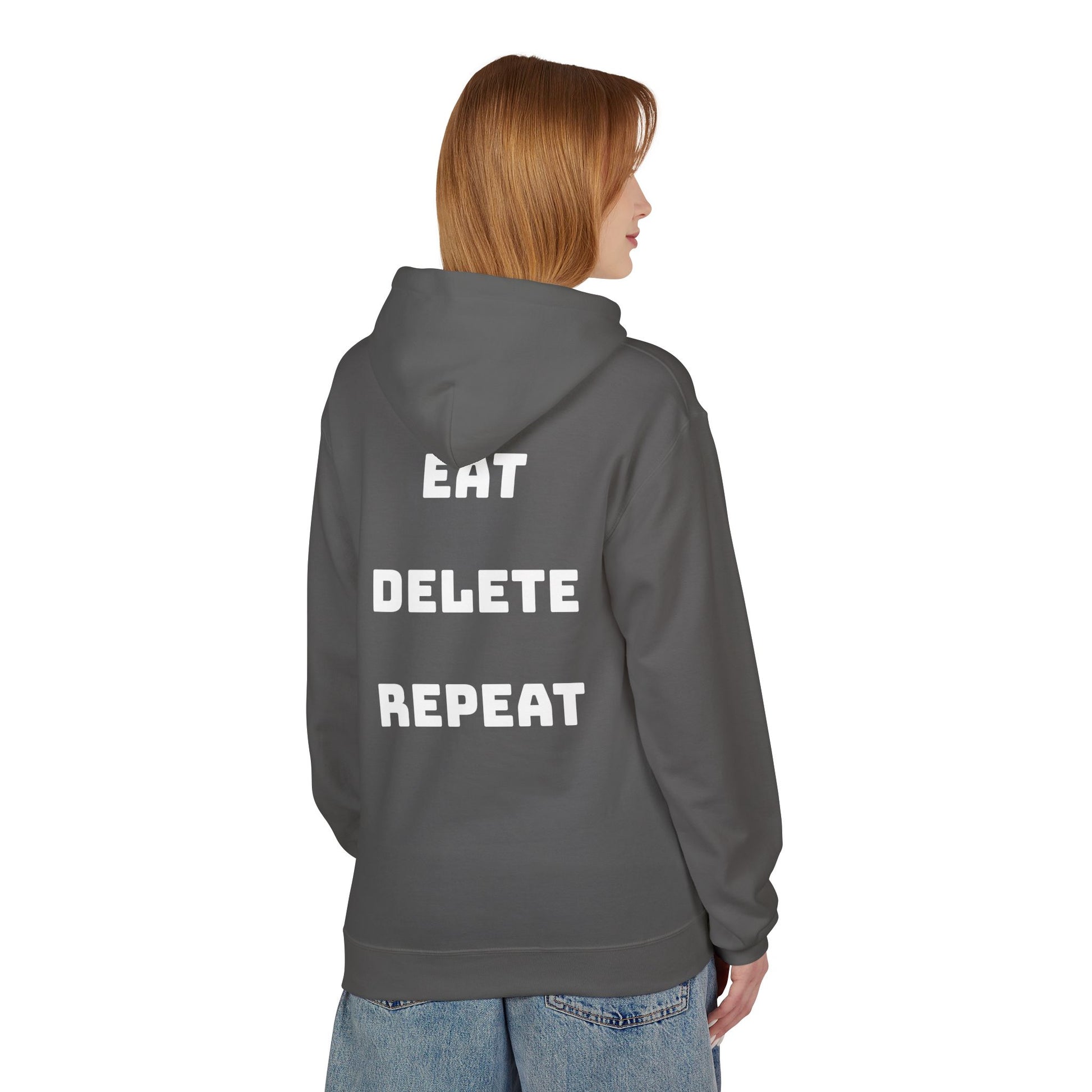 Person wearing a gray hoodie with 'EAT DELETE REPEAT' text on the back, standing against a white background.