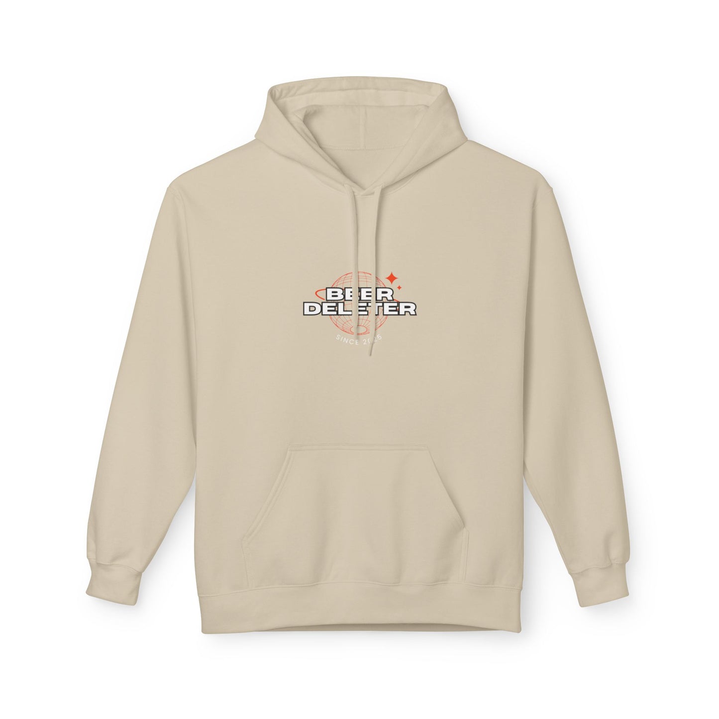 Beige hoodie with 'Beer Deleter' text and graphics on a white background