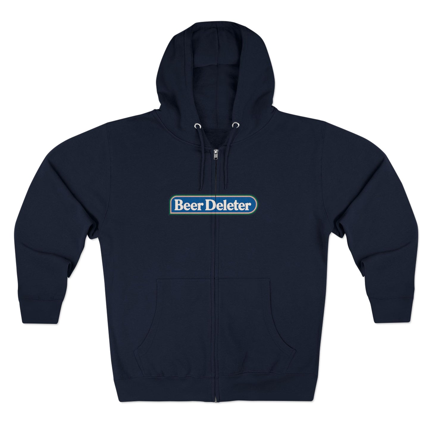 Navy blue hoodie with 'Beer Deleter' logo on a white background